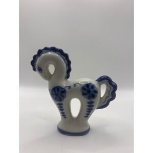 Vintage Gzhel Ceramic Horse Figurine Handpainted USSR Blue White Floral Pottery